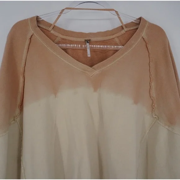 Free People Ombre Dip Dye V-Neck Sweatshirt Peach Cream XS Cotton Pullover - Picture 5 of 12